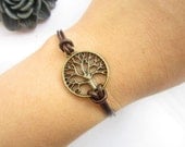 tree Bracelet---antique bronze little round tree&brown leather chain