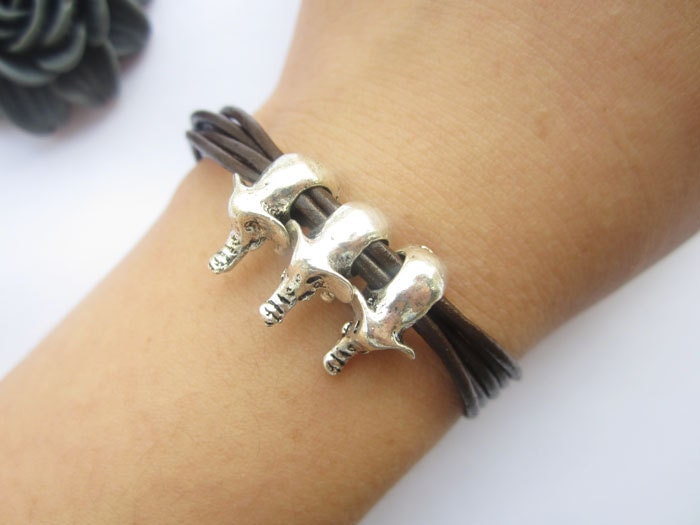 Multilayer leather bracelet---antique silver personality three 3D little cute elephants bracelet & brown leather chain