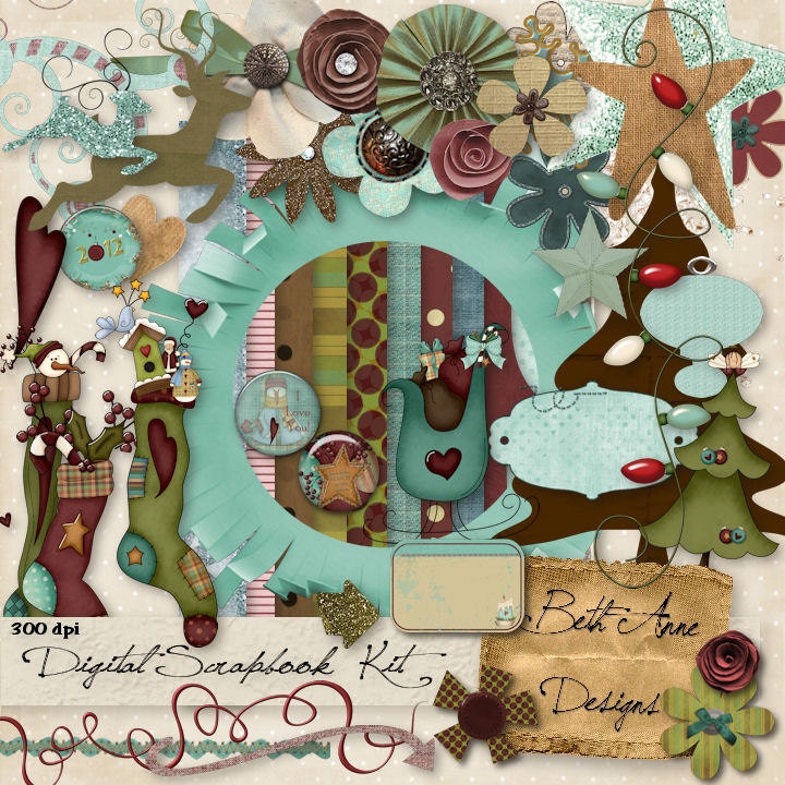 Instant Download Digital Scrapbook Embellishments & Papers, Sugar Plum Christmas Scrapbook Kit