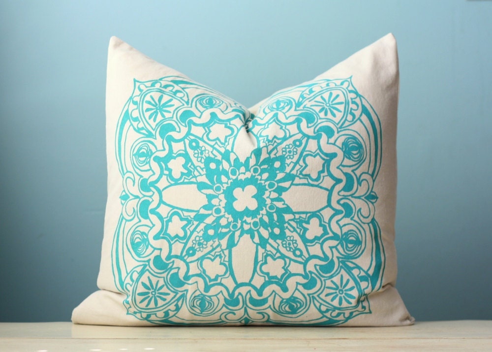 Turquoise Moroccan Linen Pillow Cover Decorative Cushion Throw 18x18 Screen Print Hostess Gift Modern Global Inspired Hostess Gift
