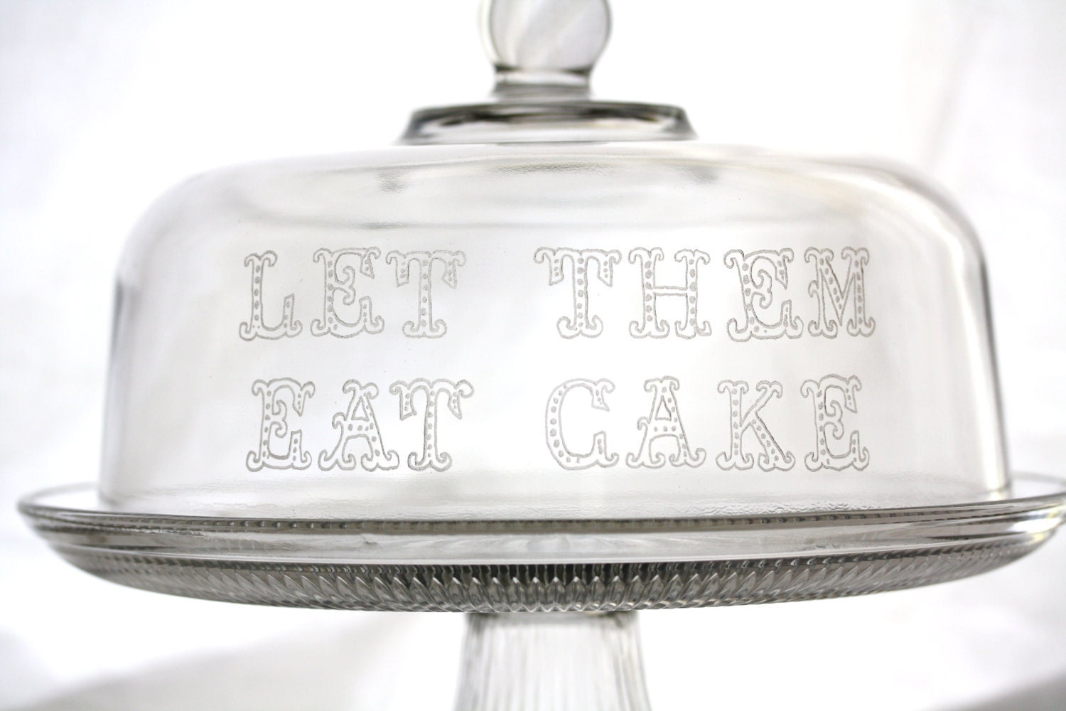 Etched glass pedestal cake stand with lid, Let Them Eat Cake. Hand etched covered cake stand. Home Living, Dining Entertaining, Glassware.