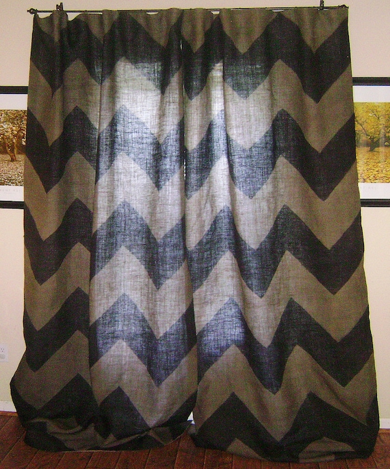 Burlap Chevron Drapes Grey & Black 55in x 84in-108inL