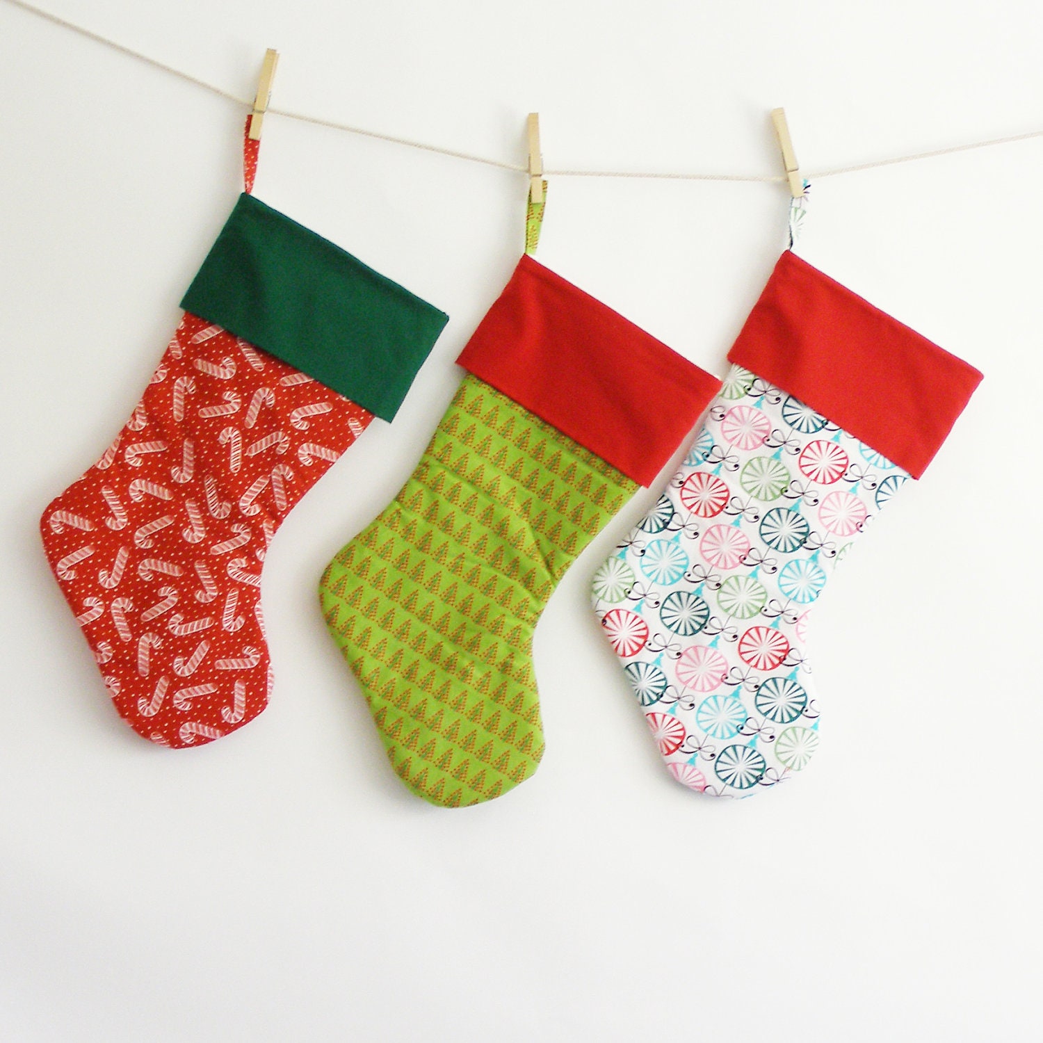 Geometric colorful Christmas ornaments Christmas stocking with red cuff. Modern Christmas stocking. Extra large, padded, very sturdy.