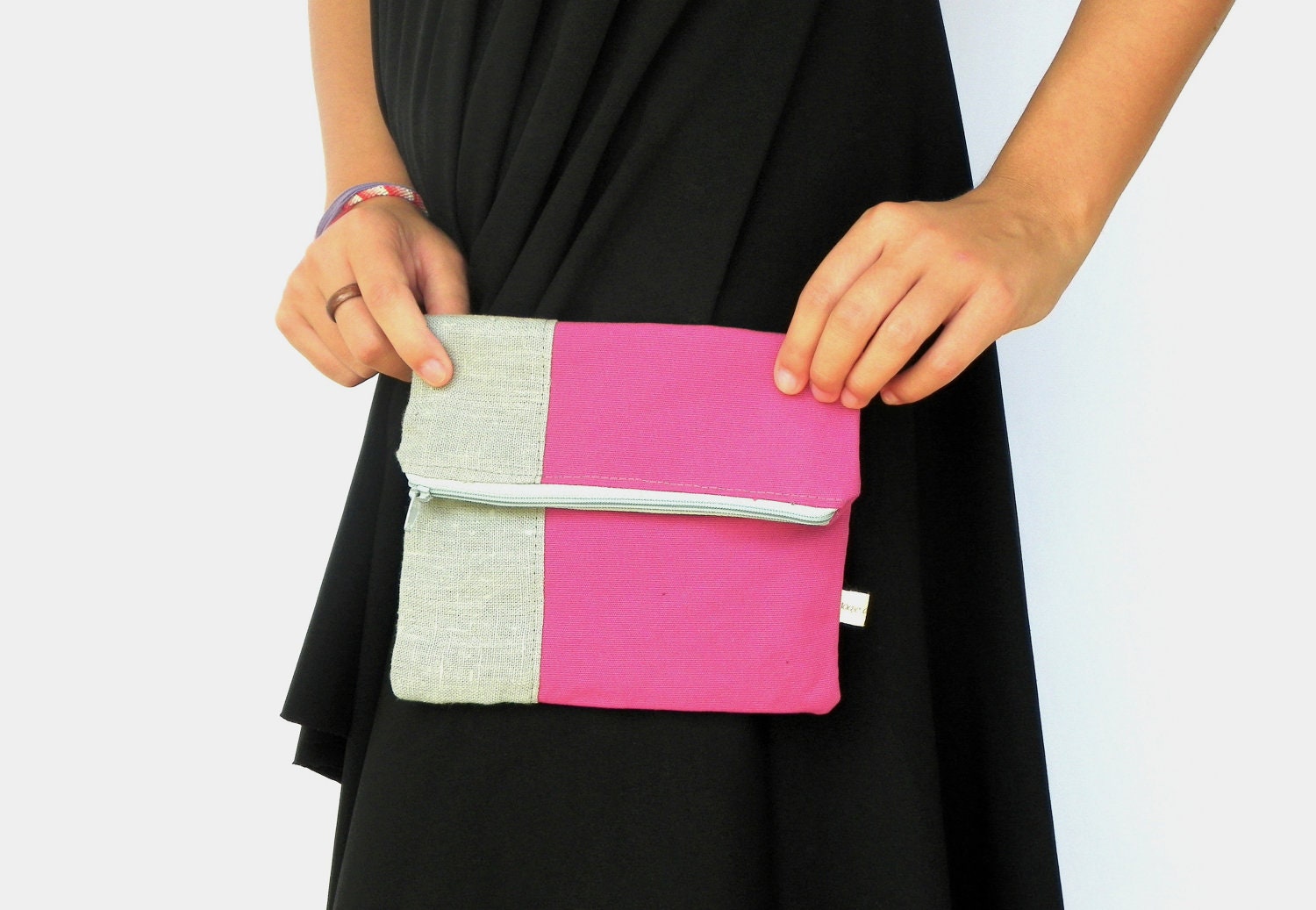 30% SALE Fold Over Clutch, Linen Purse, Gray and Pink Handbag, Cosmetic Bag, Make up Pouch