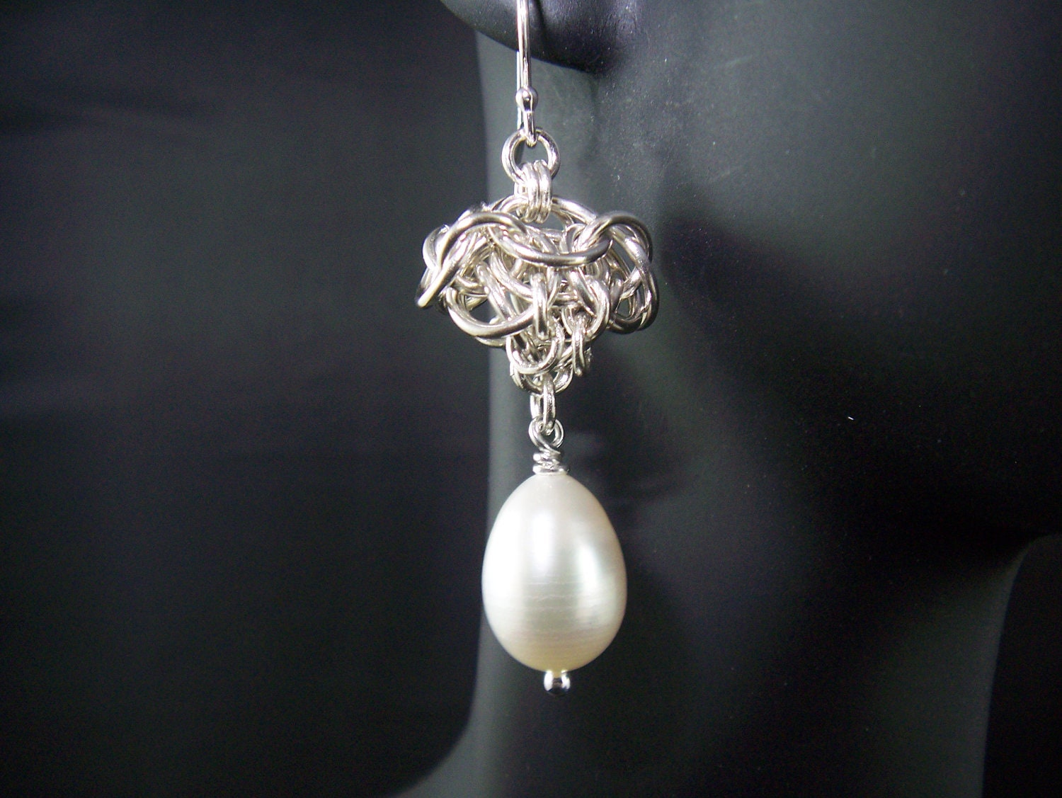 Sterling Silver & Fresh Water Pearl Chainmaille Earrings, Lotus Weave, Wedding