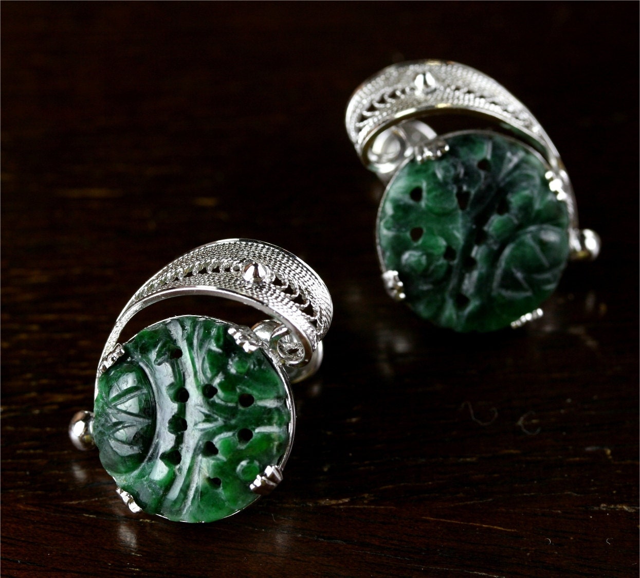 1930s Art Deco Carved Jade Earrings / Sterling Silver Filigree