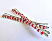 Beaded Bobby Pins: red candy cane hand beaded bobby pins for hair, gifts for her, hair accessories, girls, women, red and white bobby pins