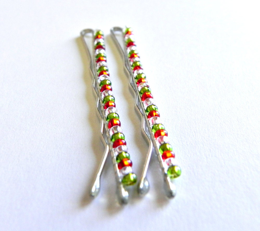 Beaded Bobby Pins: candy cane hand beaded bobby pins for hair, gifts for her, hair accessories, girls, red white green bobby pins