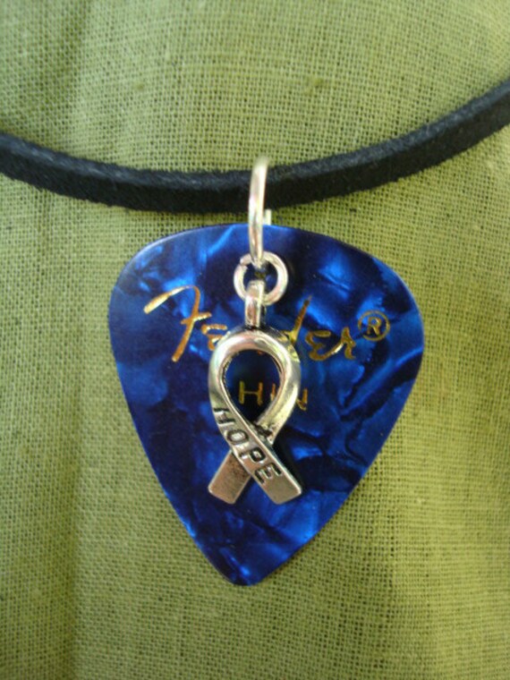 Hope Ribbon Guitar Pick Necklace Blue Colon by TipJarsAreUs