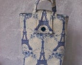 Eiffel Tower Insulated Tote / Lunch Bag in Shades of Blue Cotton Fabric