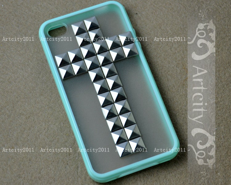 Studded Iphone 4 Case, Cross Silver studs Mint Green IPHONE 4/4S Case----for Apple iPhone 4 Case, iPhone 4s Case, iPhone 4 Hard Case