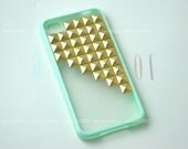 Studded Iphone Case Gold pyramid studs Light Green IPHONE 4/4S Case----for Apple iPhone 4 Case, iPhone 4s Case, iPhone 4 Hard Case