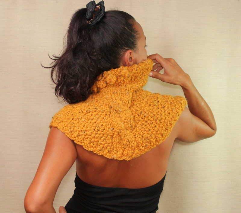 Cable Knit Capelet Chunky Knit Cape Poncho Rustic Saffron Mustard Capelet Wrap Cowl Neck Warmer  Wool Alpaca  Winter Accessories