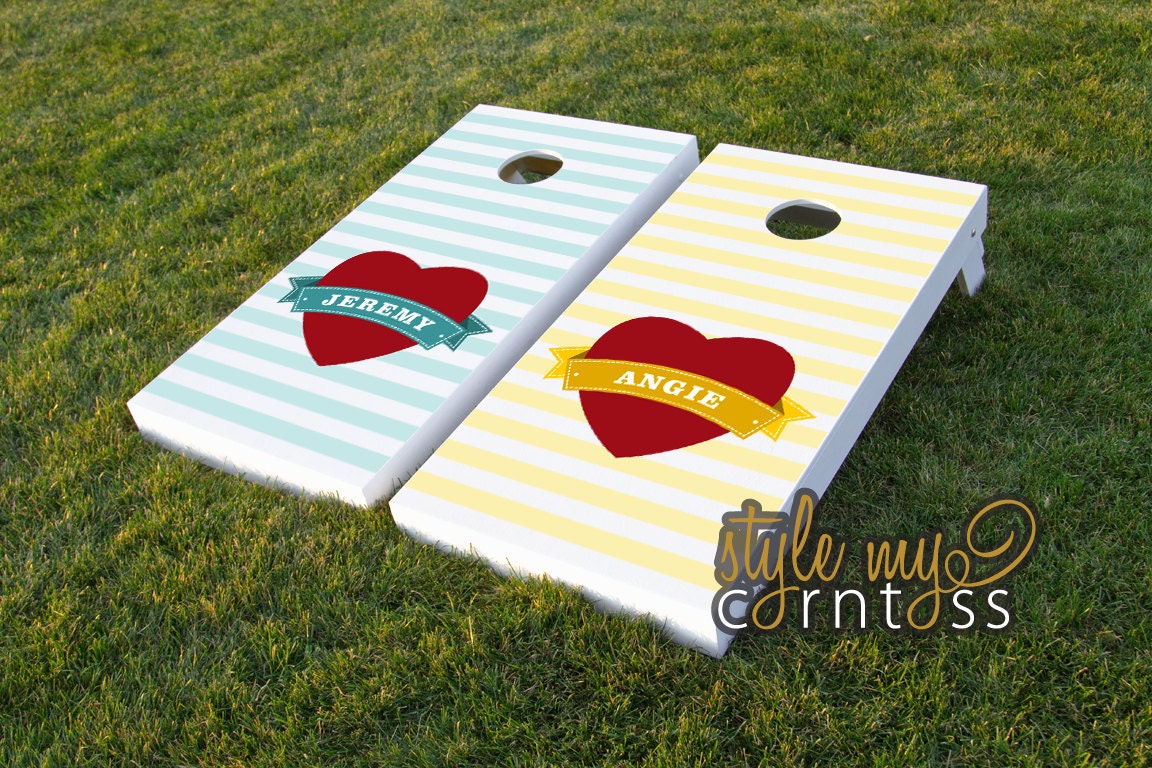 Custom Corntoss / Classy Cornhole / Bag Toss / Wedding Game -- (( Hearts & Banners - Chevron or Stripes ))