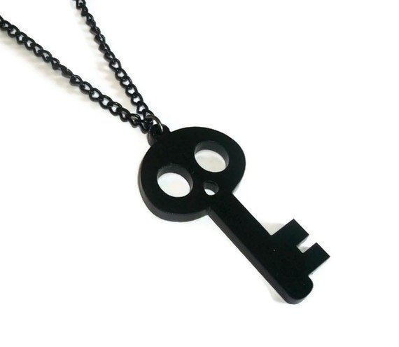 Skeleton Key Necklace, Creepy Cute, Black Laser Cut Halloween Jewelry