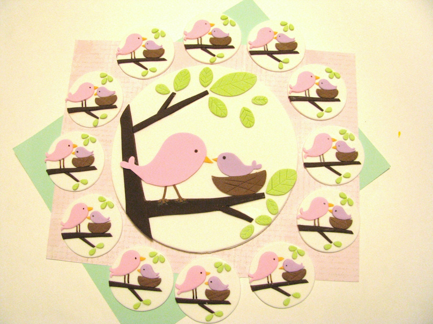 Mama Bird  and Baby Bird in Nest Baby Shower  Fondant Cake Plaque and Matching Toppers Set