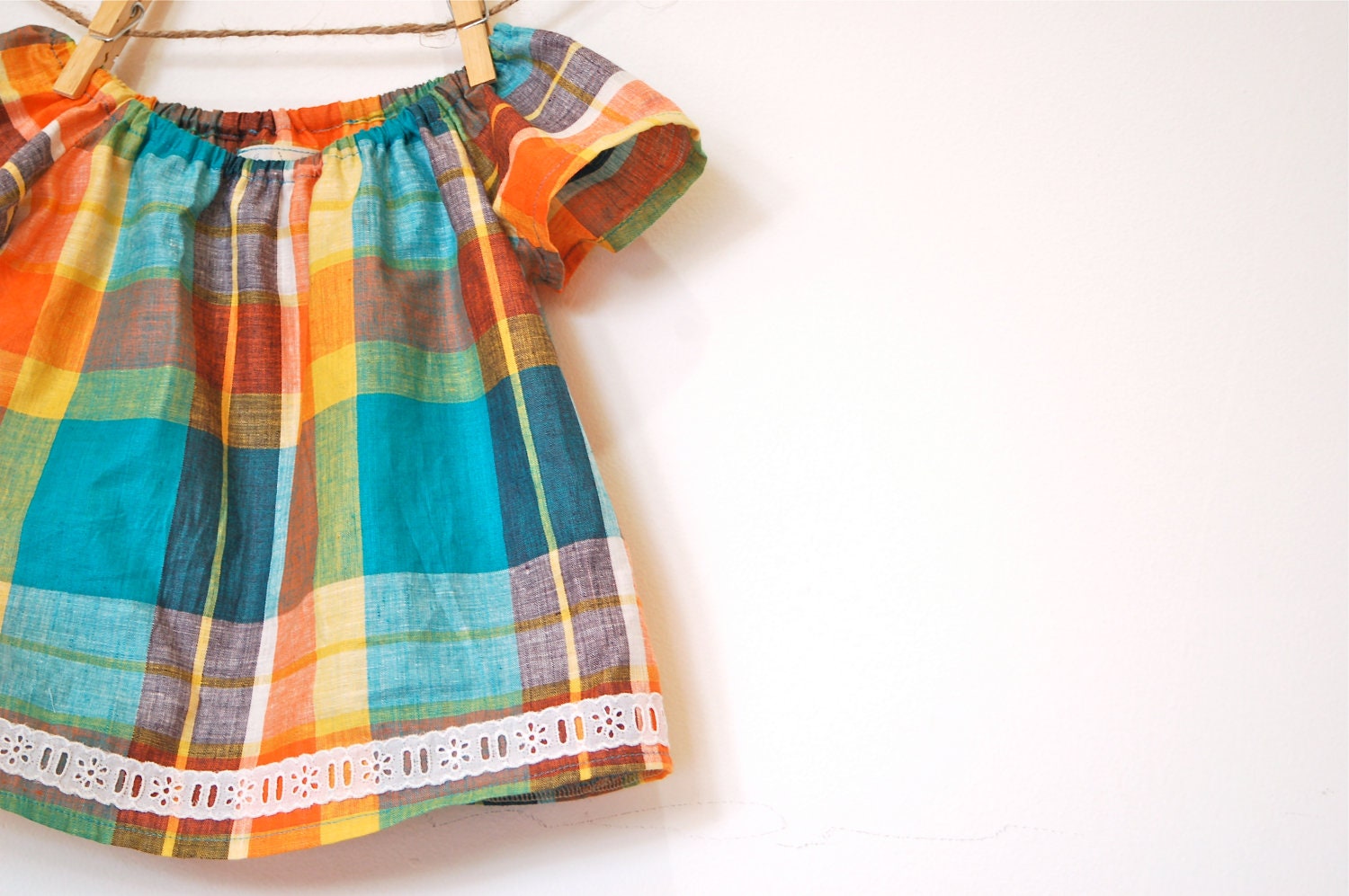 Girls Peasant Top / Vintage Cotton / Orange and Teal Madras Plaid  / newborn - 3T