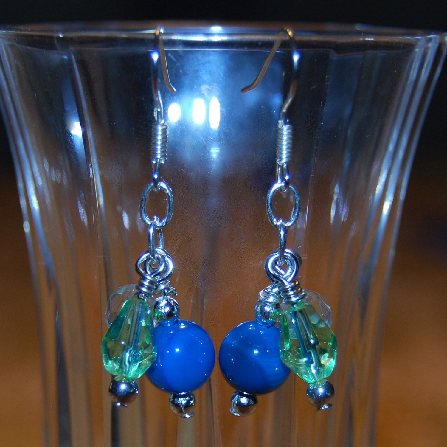 Dangling Blue and Green Bead Earrings