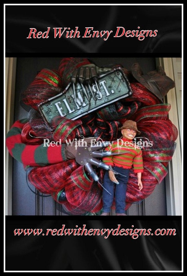 Halloween Wreath, Deco Mesh Wreath, Mesh Wreath, Orange Wreath, Black Wreath, OOAK Wreath, Halloween, Spiral Wreath, Freddy Krueger, Freddy