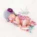 Newborn Baby Girl Hat with Flower - Photo Prop, Photography Prop, Grey, Earflap, Pom Pom, Infant