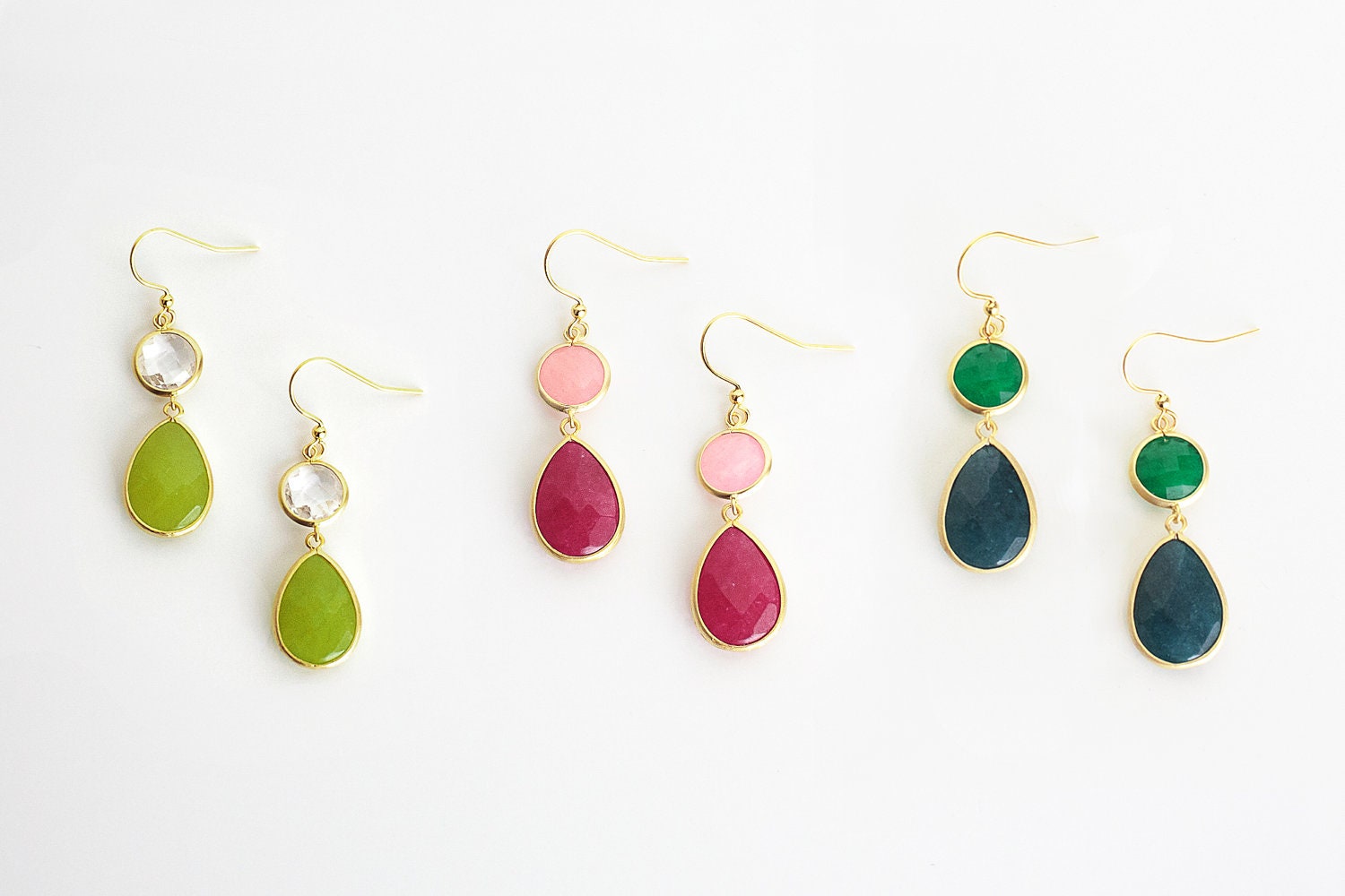 Gold framed round and teardrop shaped drop earrings - bridesmaids earrings, kate spade inspired