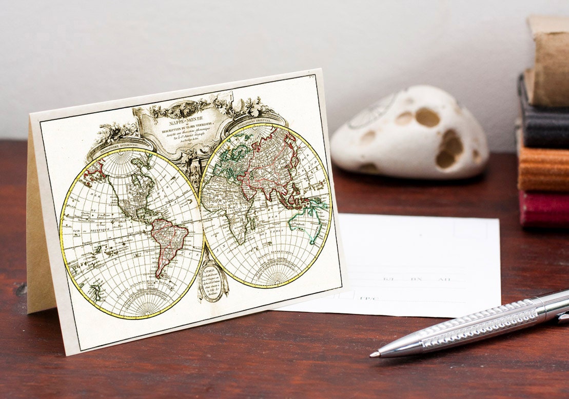 Greeting Card With Ancient World Map, perfect  for Christmas Gifts, Mappe du Monde