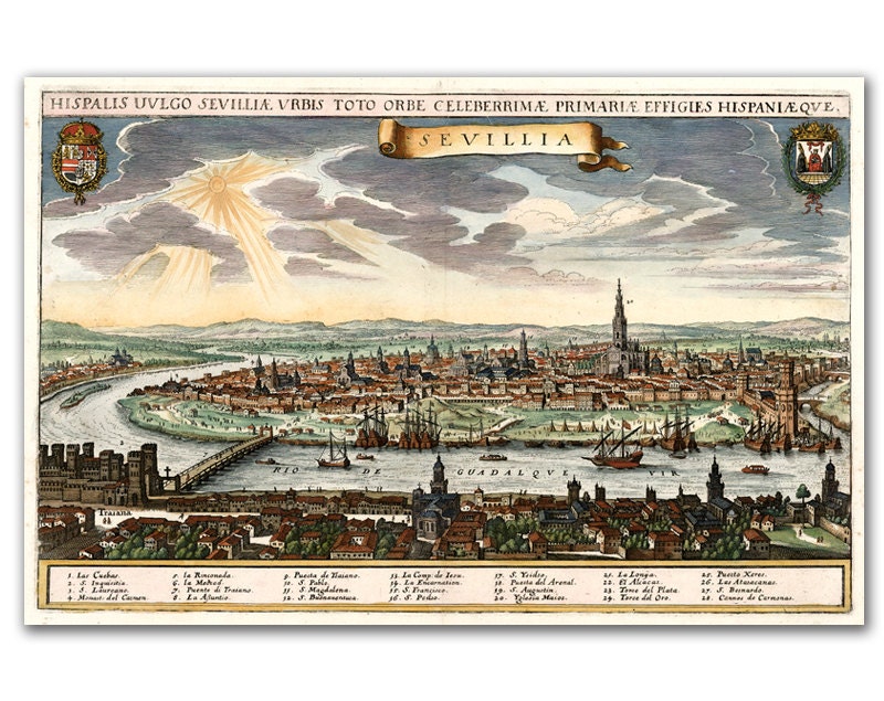 13x19 Sevillia City View from 1638, Vintage map printed on parchment paper, Landscape, Spain, City View