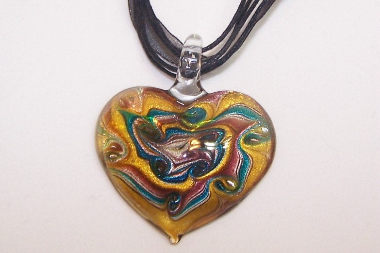 Dichroic, Glass, Heart, Pendant, Necklace, Exquisite, Gold, Silver, Blue, Purple, Swirls