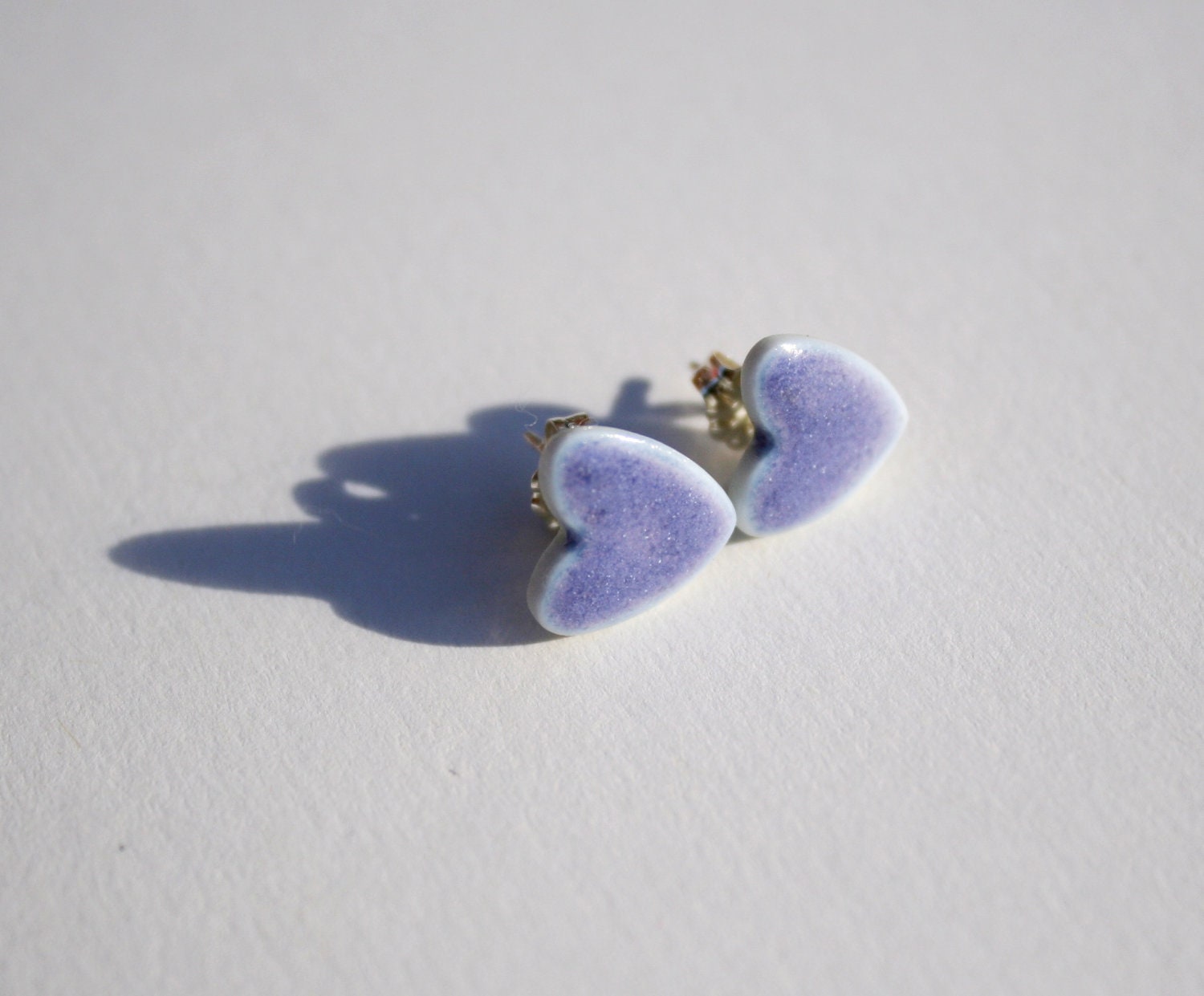 Earrings, stud, heart shaped Valentines porcelain ceramic, Rhapsody Lavender glaze, sterling silver post and clip