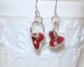 Teeny porcelain heart button drop earrings in Peach Bloom Red glaze and sterling silver findings