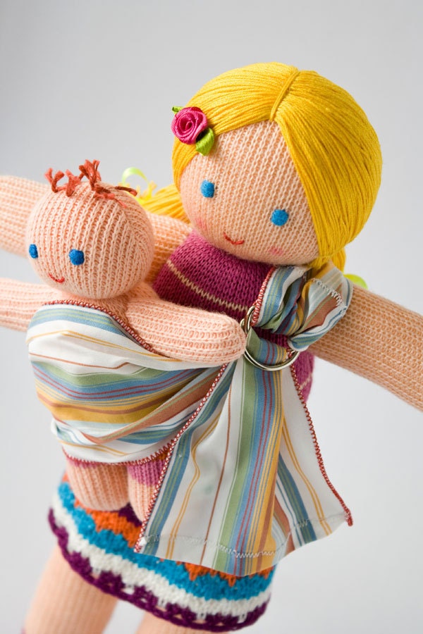 Babywearing Mommy Doll with a Baby Doll - knitted play dolls - eco-friendly, maternity, waldorf