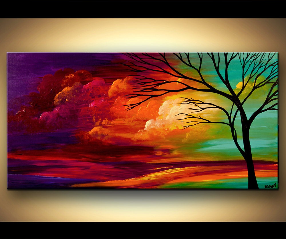 Landscape Tree Painting Original Abstract Contemporary Modern Fine Art by Osnat  48"x24"