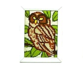 retro owl embroidery, owl art, wall decor, vintage art, kitsch, kitschy, 70s, woodland, owls, modern, bright, upcycled frame