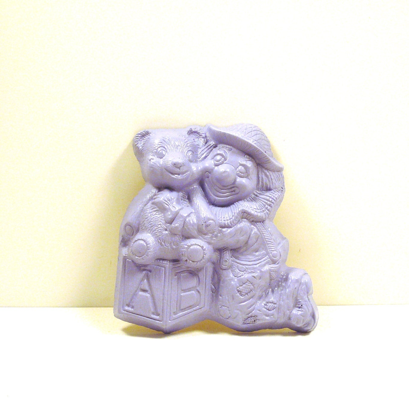 nursery wall art, baby, clown, teddy bear, french lilac, lavender, abc, pastels, baby decor, wall hanging, upcycled vintage