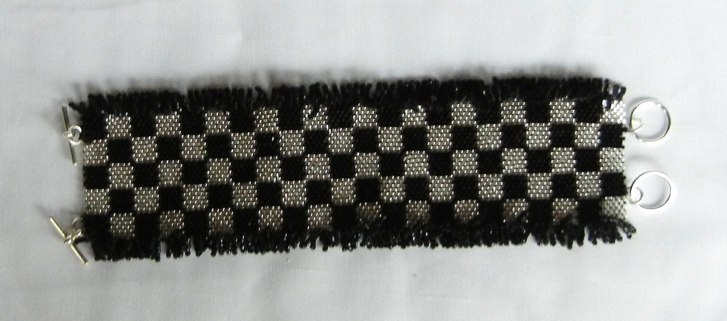 SALE Cuff Bracelet - Black and White Jewelry, Checker Flag, Racing, NASCAR, Fringe Jewellery, Seed Beads SALE