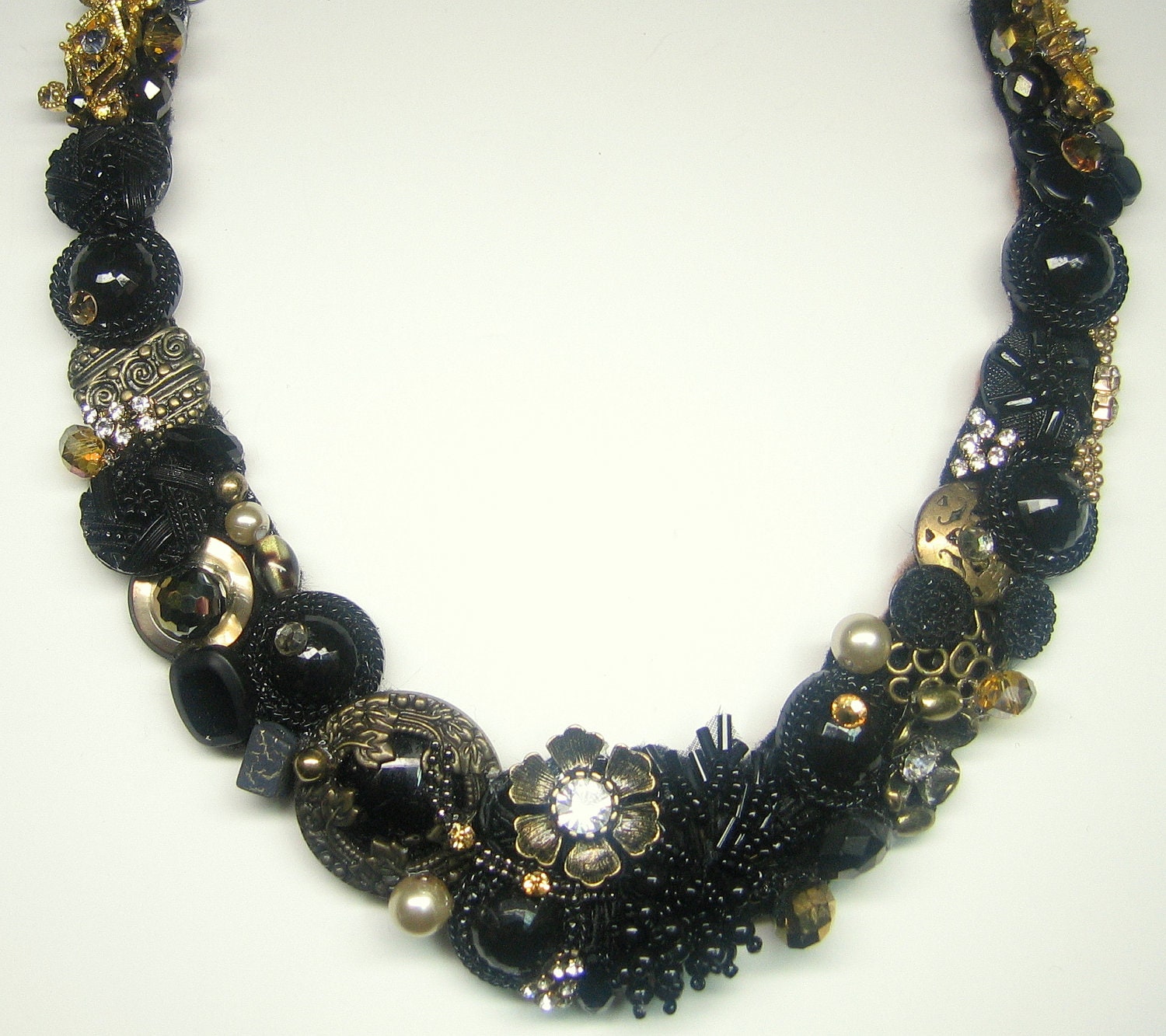 Black Bib Statement Necklace with matching Black & Bronze Stud earrings - Vintage Inspired Bridal Necklace- Black with Bronze