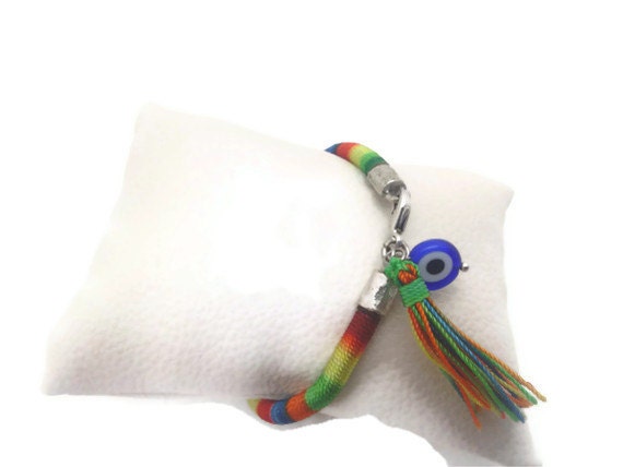 Friendship bracelet, Rainbow bracelet with evil eyes, OOAK, christmas