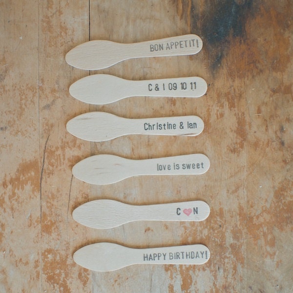 50 Wood Ice Cream Spoons with Custom Hand-Stamped Text on Handle
