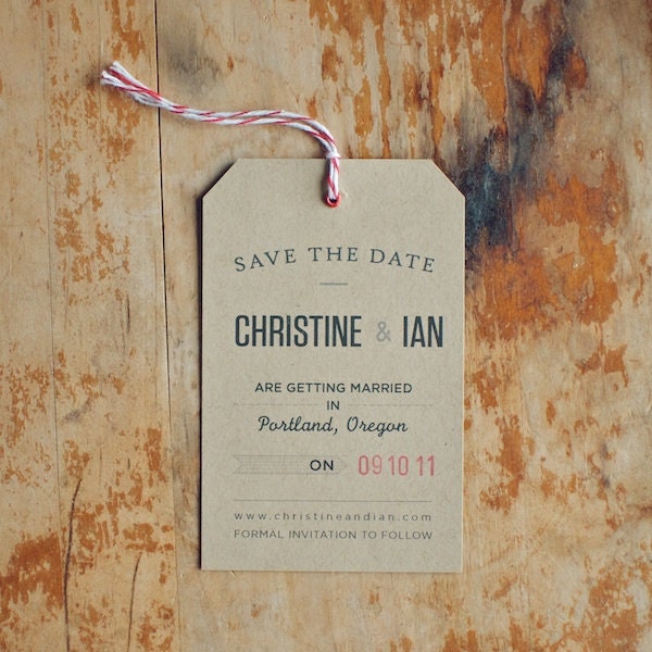 Rustic Kraft Save the Date Tag with Eyelet, Twine and Envelope with Hand-Stamped Return Address