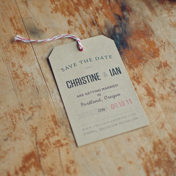 Rustic Kraft Save the Date Tag with Eyelet, Twine and Envelope with Hand-Stamped Return Address