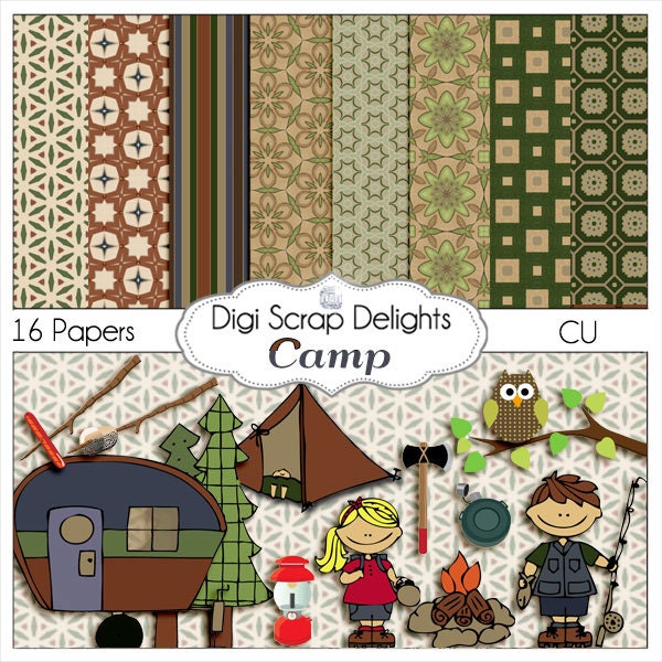 Camp Out Scrapbook Kit , Instant Download, Card Making, Crafts, Camping / Fishing Girl Scout or Boy Scout Clip Art, Brown and Blue