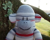 sock monkey, FREE HEART or MONOGRAM patch, striped sock monkey, sock monkeys, sock monkey doll, monkey plush, monkey