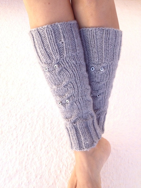 Grey OWL figure Knitted Leg Warmers, Boot Cuffs Liners,boot cuffs,ballet flats,yoga,pilates
