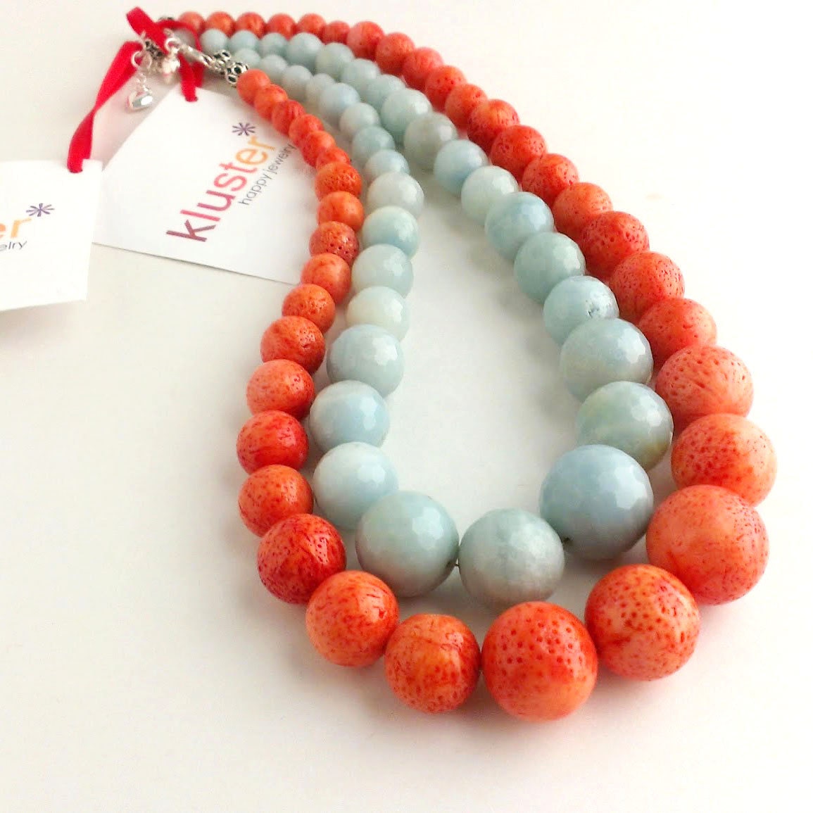Coral Statement Necklace by Kluster. Orange Necklace. Aqua Necklace. Pastel Blue Turquoise Necklace. Chunky Statement Necklaces. Set of 2.