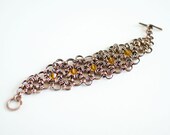 Copper Chainmaille Bracelet Antiqued Copper Topaz Preciosa Crystals Japanese 12 in 2 Chain Maille Mail 7 5/8" Bracelet