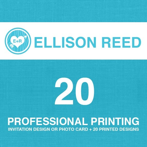20 professional printed flat cardstock cards with envelopes and any invitation or photo card design already sold in the Ellison Reed shop Il_570xn