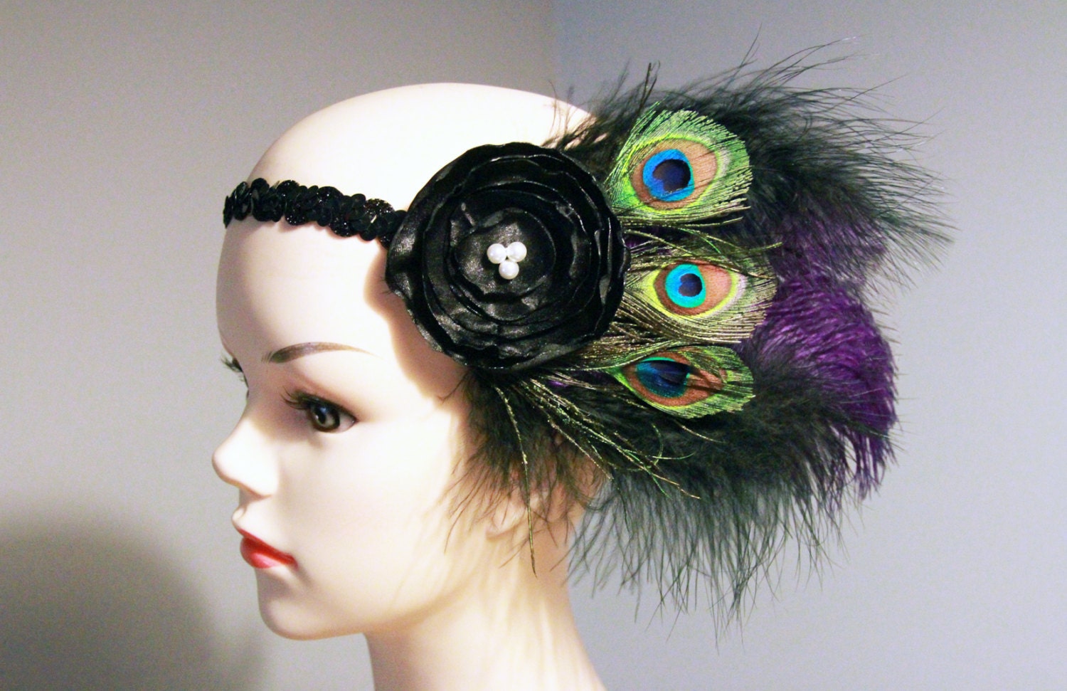 Black Flower Peacock Feathers Pearl Beaded Headband 20s Hairband - 1920s Flapper Girl Inspired