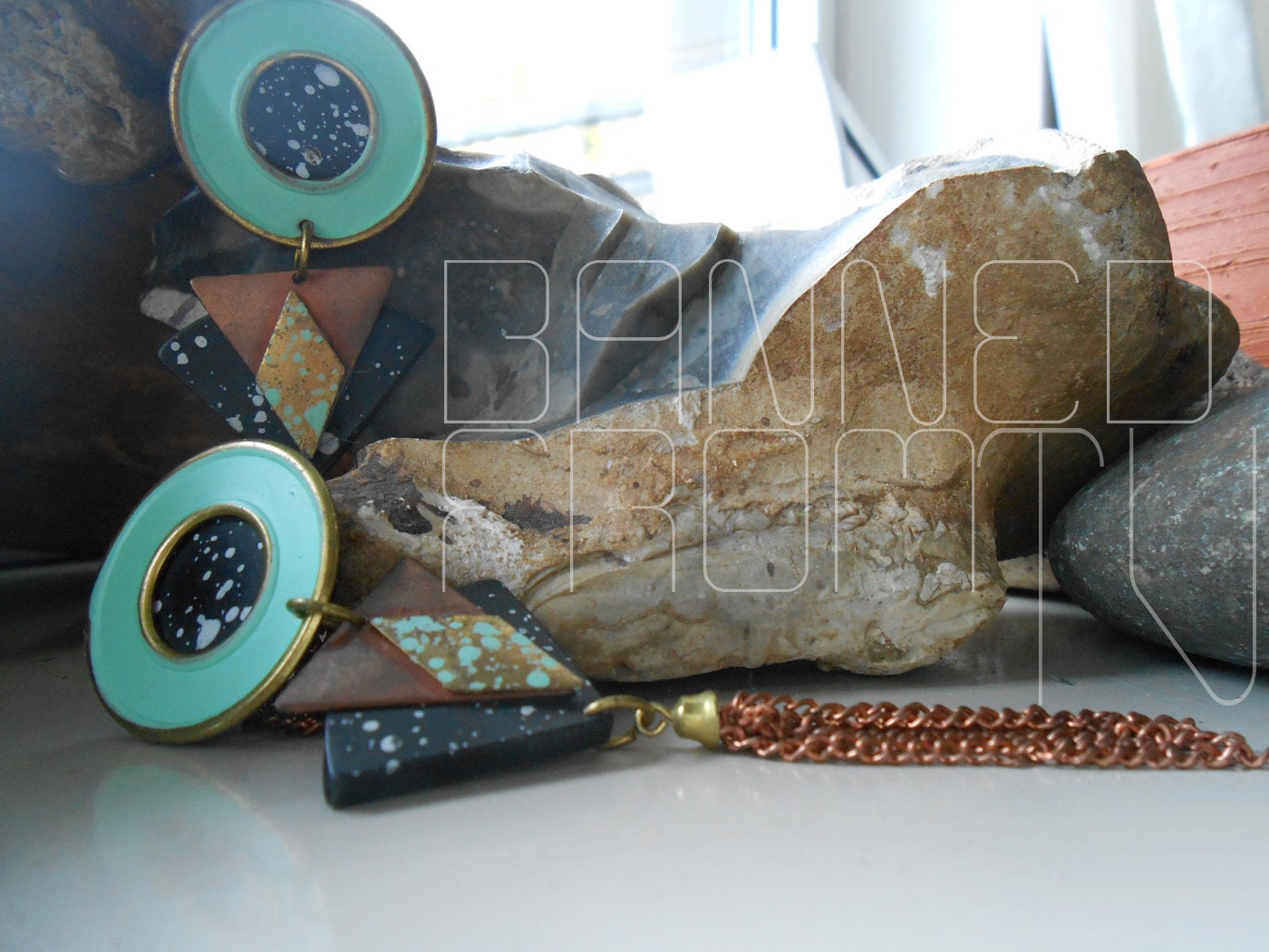 80's Geometric Copper & Turquoise Rustic Western Earrings