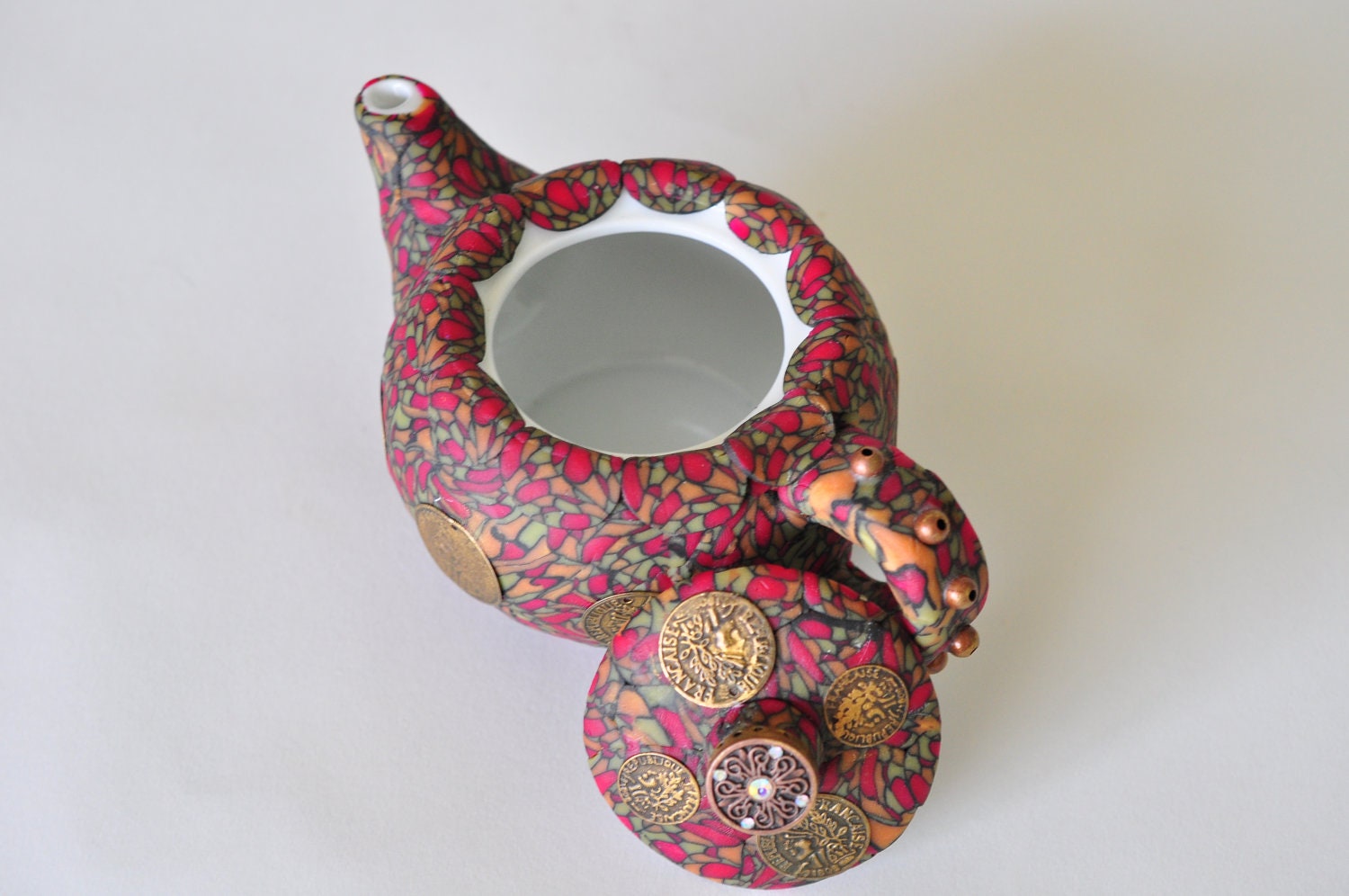 Polymer Clay Teapot Multicolored Stained Glass look with coin accents