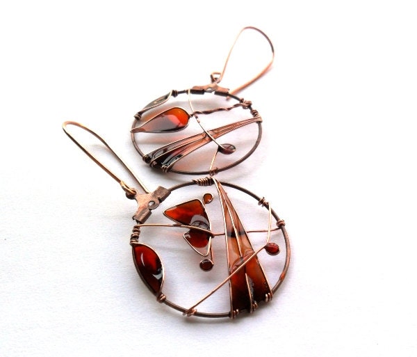 Autumn copper earrings, brown orange resin earrings, leaf earrings, butterfly earrings, dangle earrings - ThePurpleBalloon